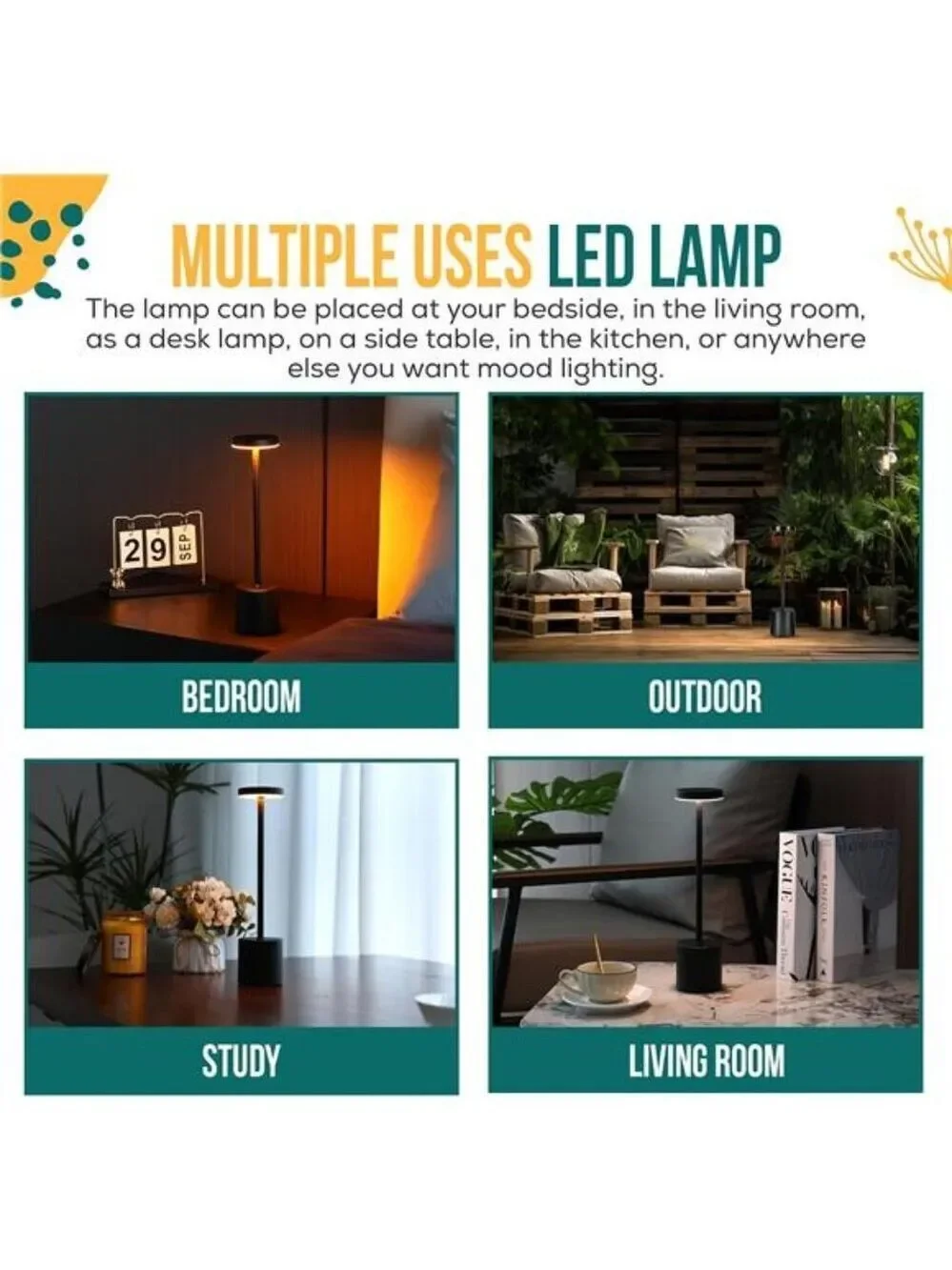 Cordless Table Lamps Set of 2 LED Rechargeable Dimmable USB Mood Light for Patio